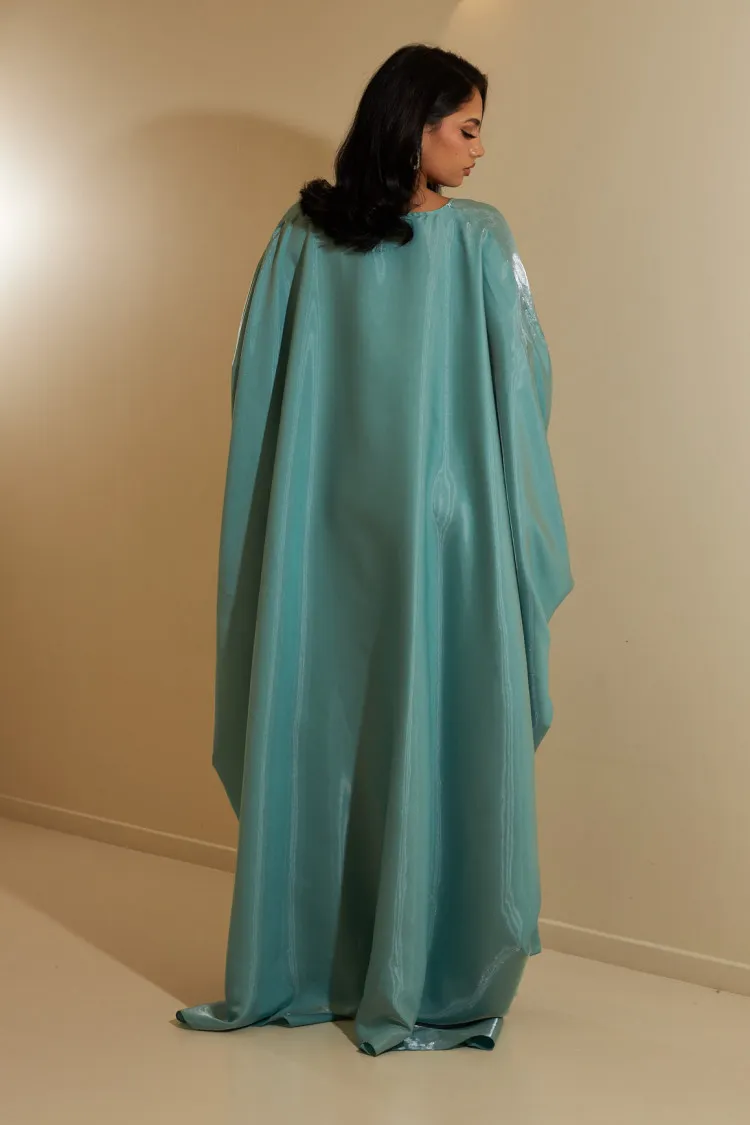 Abaya turquoise à manches chauves-souris satinée