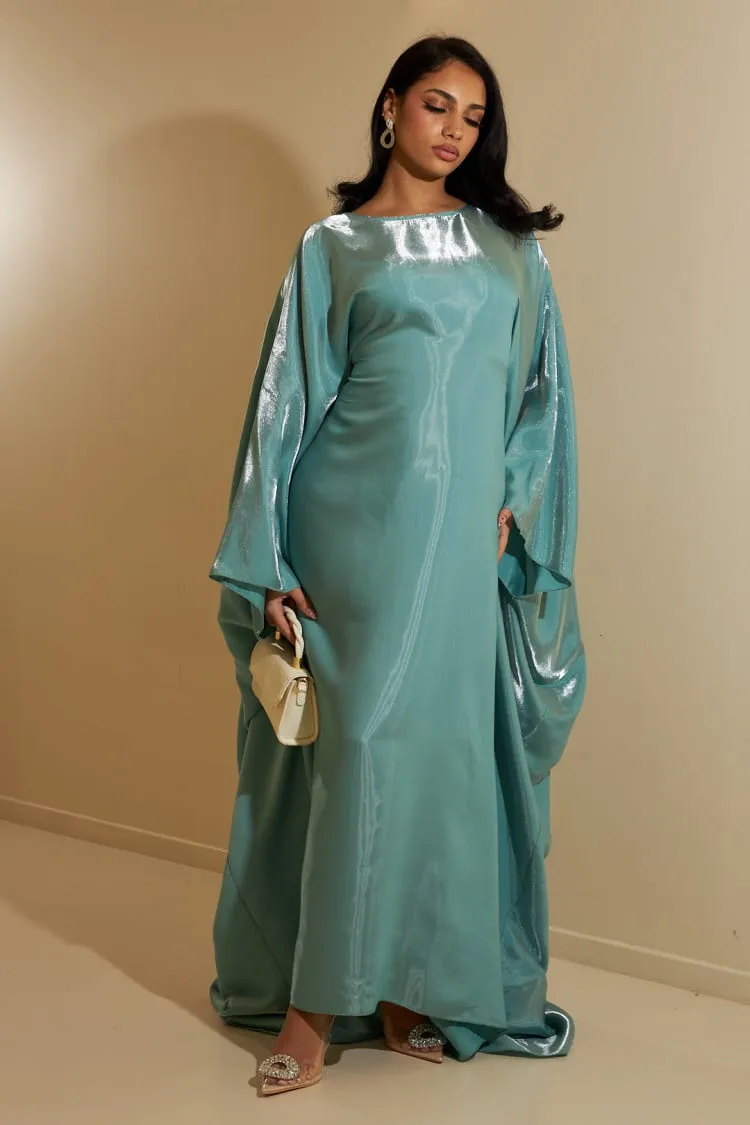 Abaya turquoise à manches chauves-souris satinée