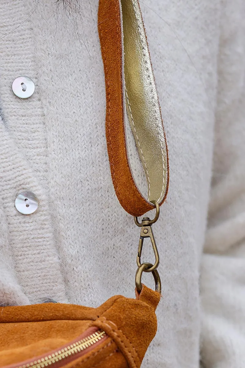 Banane en cuir velours camel double zip anses brillantes