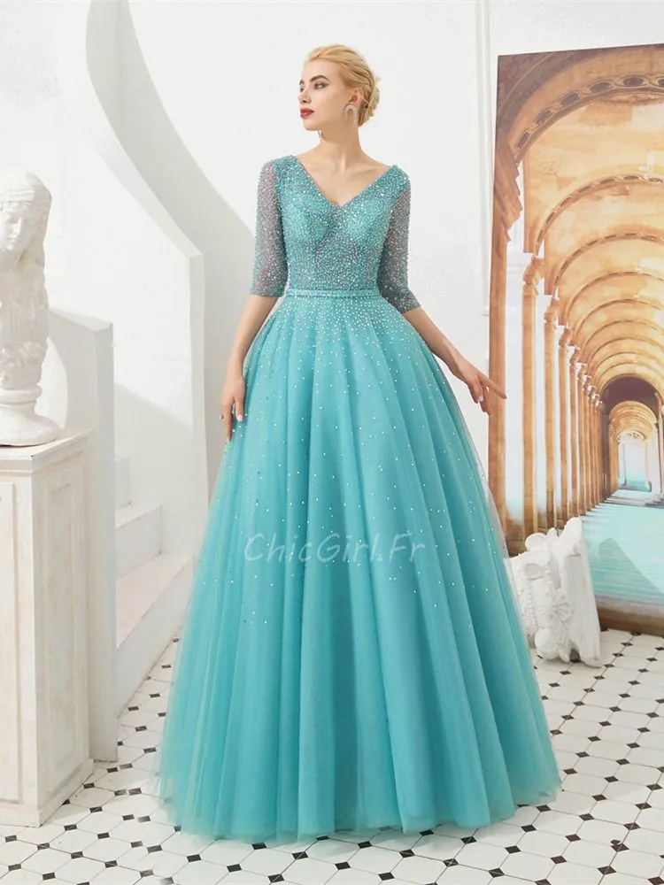 Belles Robe De Bal Brillante Longue Bleu Turquoise Tulle Paillette Manche 3/4 Col V