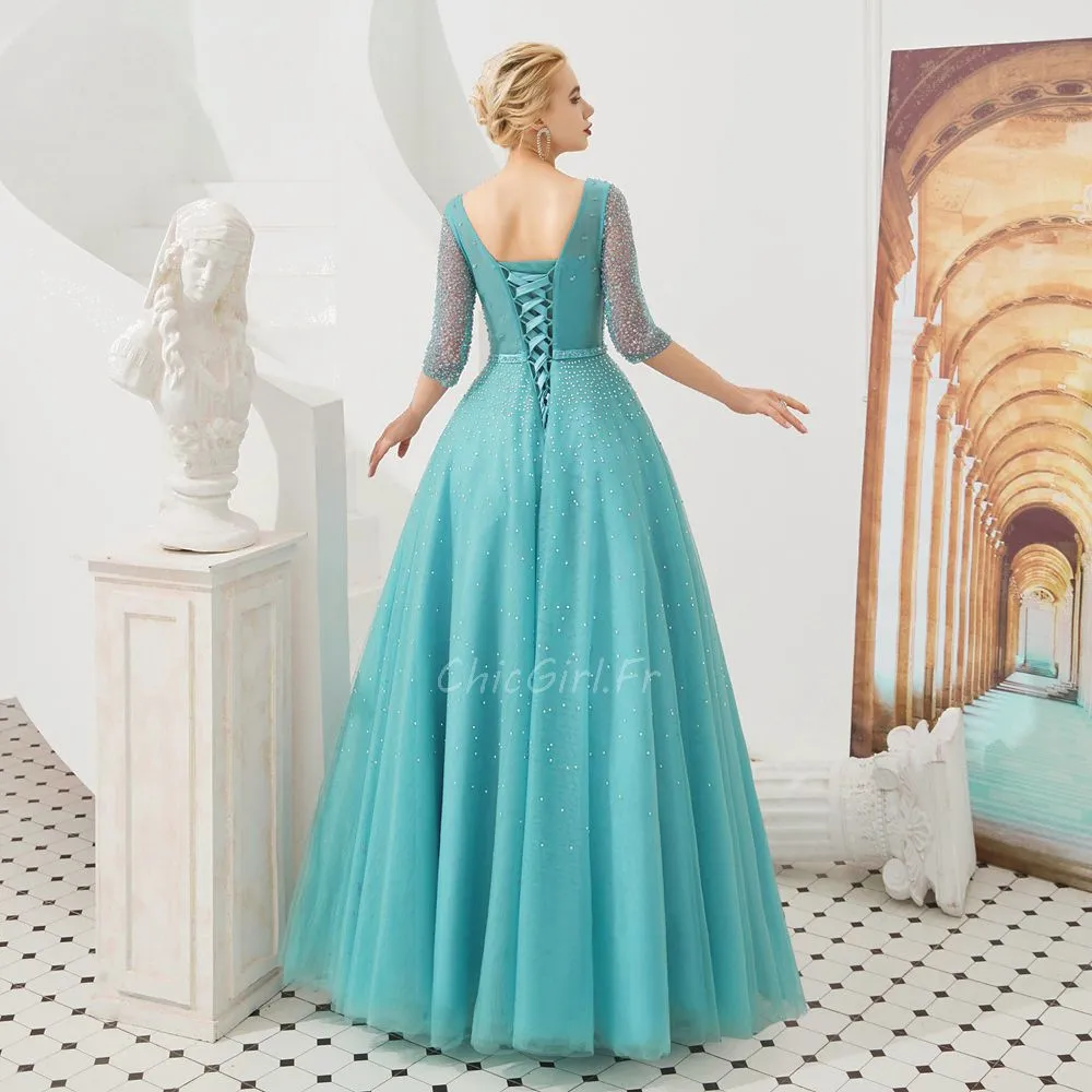 Belles Robe De Bal Brillante Longue Bleu Turquoise Tulle Paillette Manche 3/4 Col V