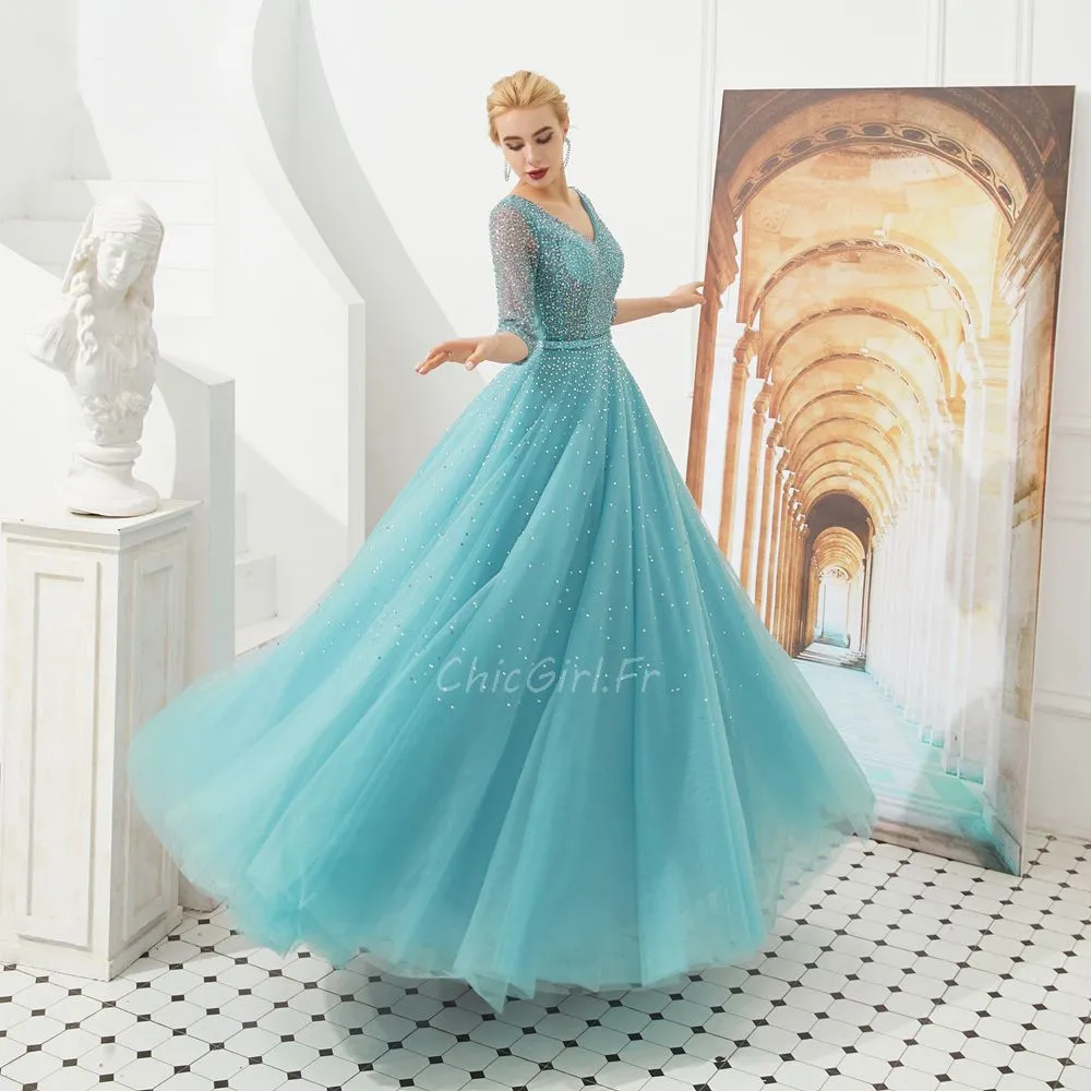 Belles Robe De Bal Brillante Longue Bleu Turquoise Tulle Paillette Manche 3/4 Col V