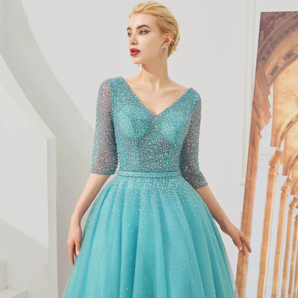 Belles Robe De Bal Brillante Longue Bleu Turquoise Tulle Paillette Manche 3/4 Col V