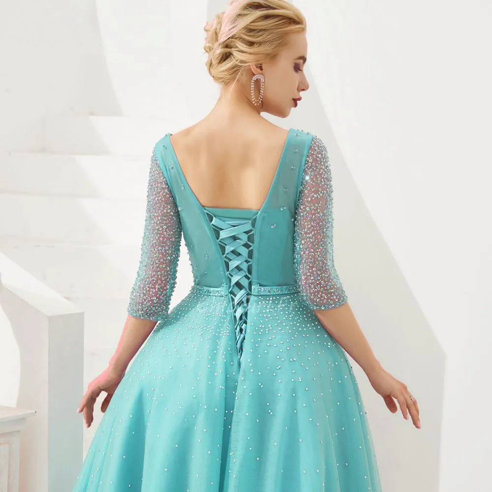 Belles Robe De Bal Brillante Longue Bleu Turquoise Tulle Paillette Manche 3/4 Col V