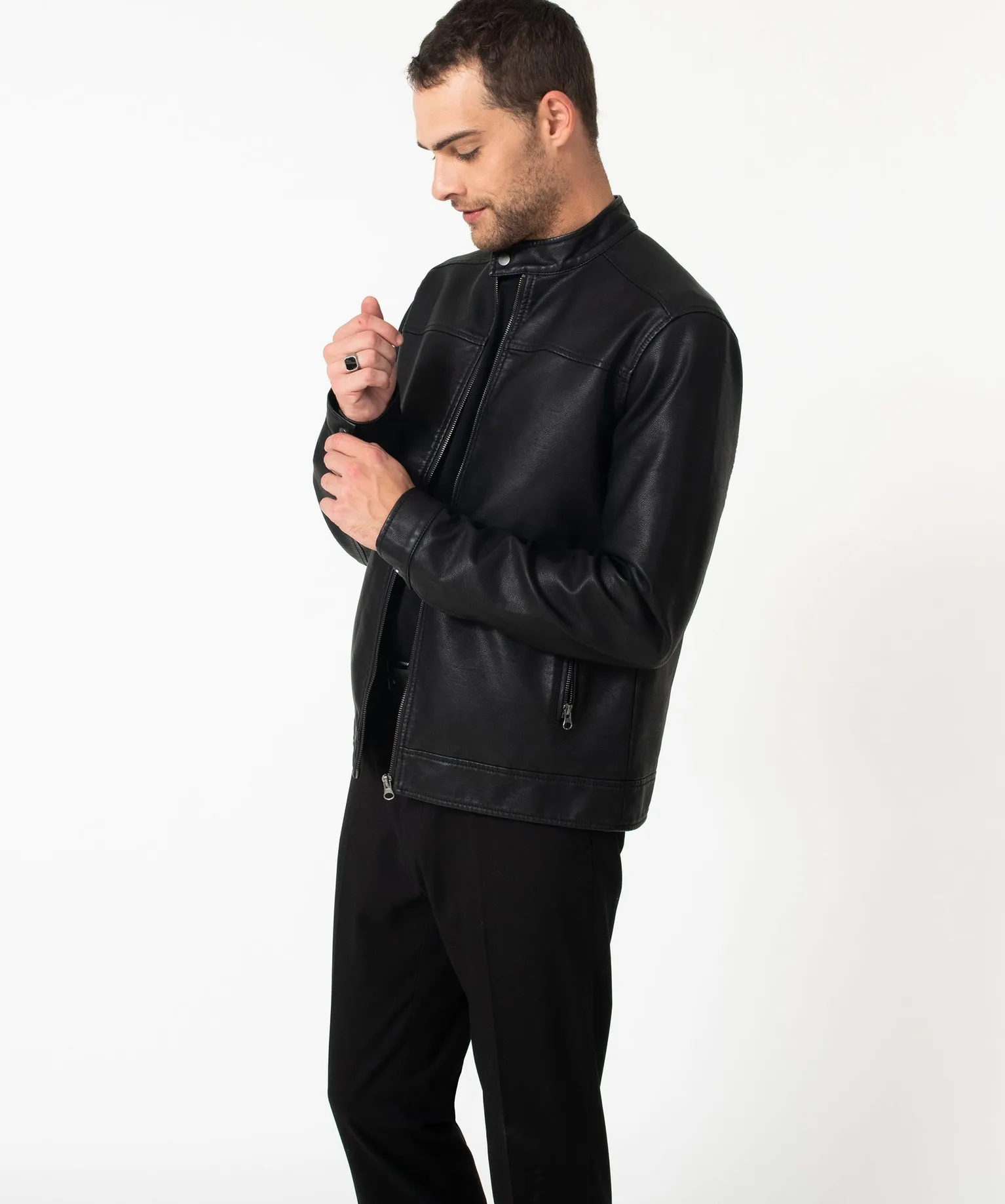 Blouson homme biker en cuir imitation noir