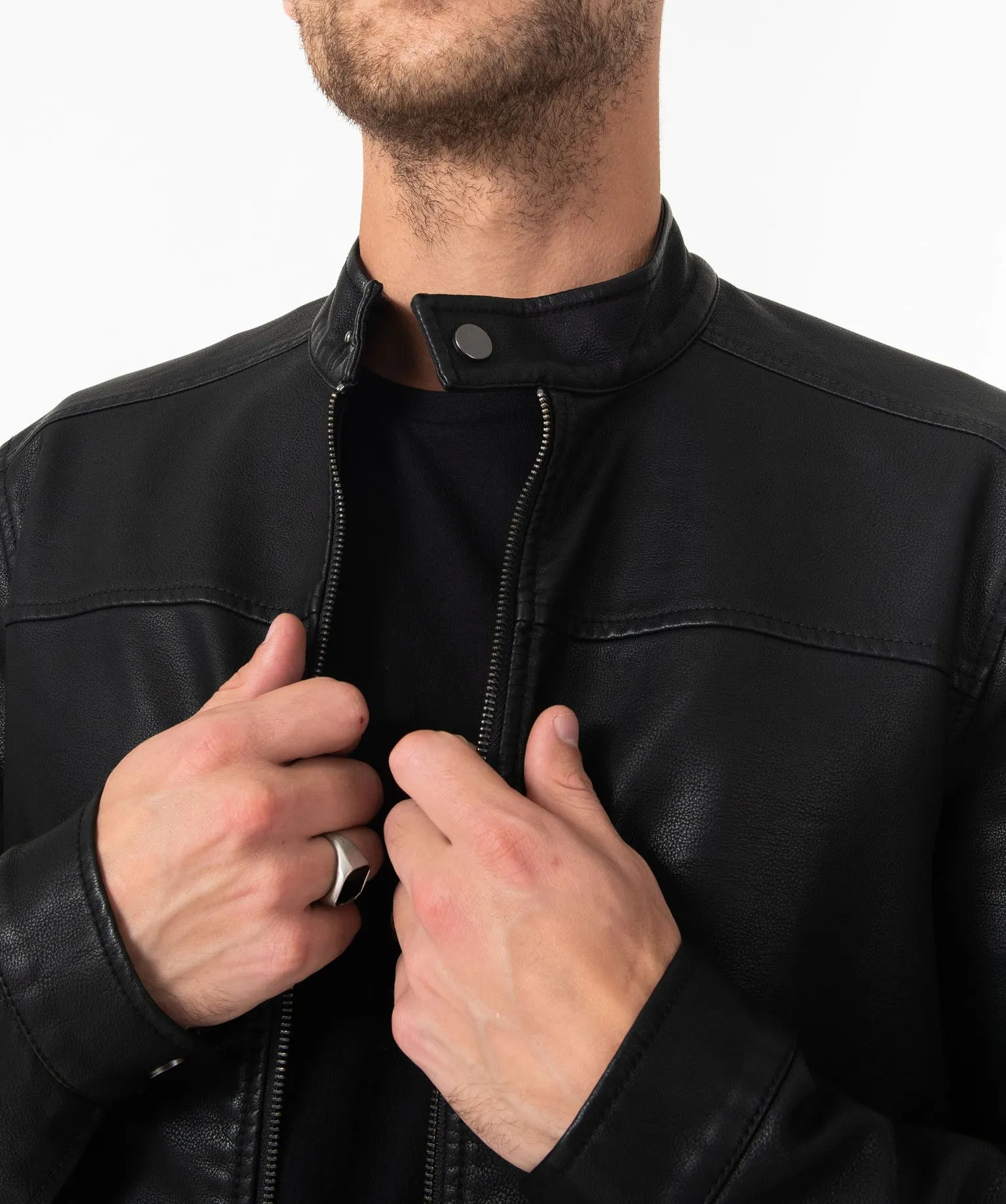 Blouson homme biker en cuir imitation noir