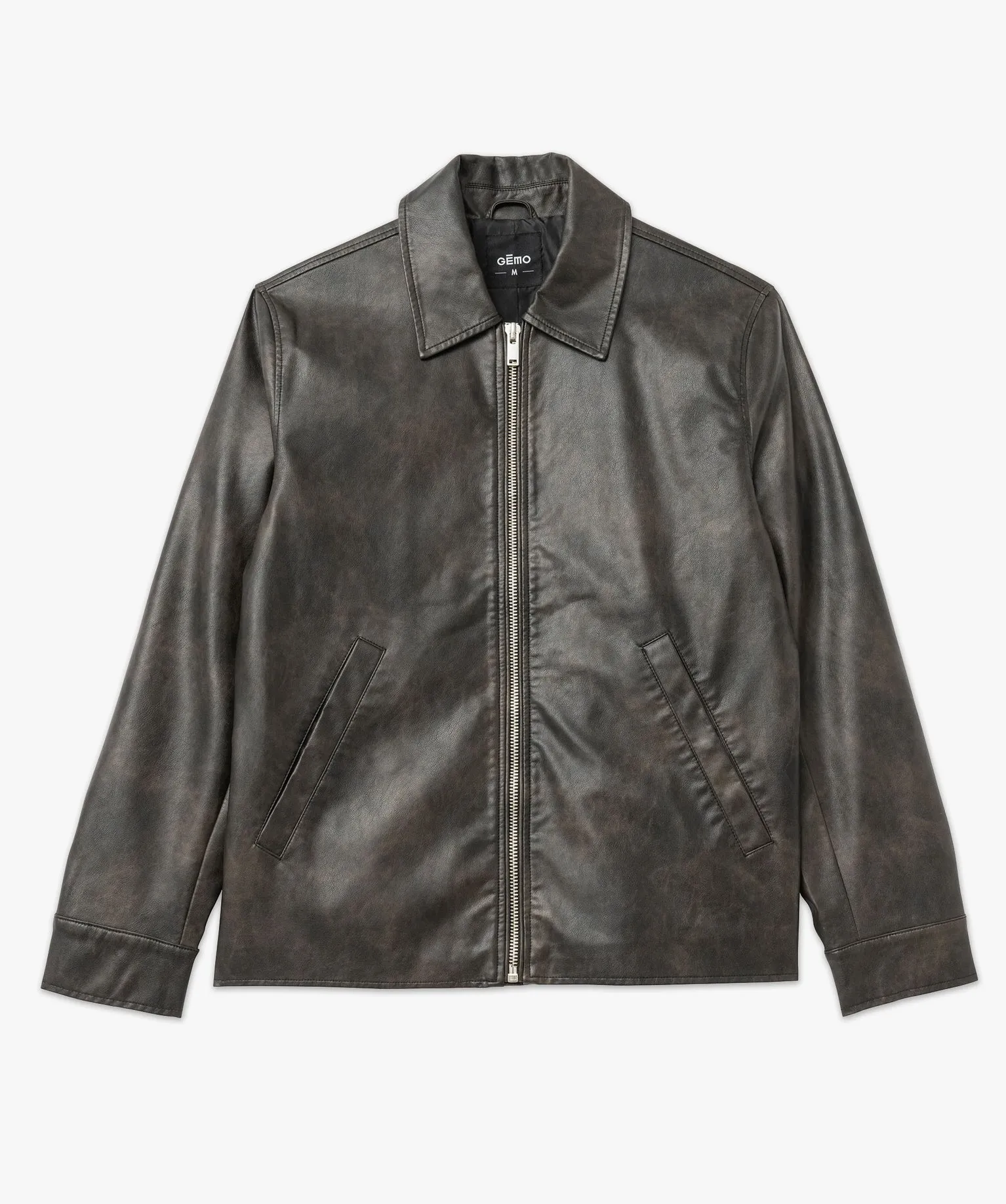 Blouson zippé en cuir imitation à col chemise homme marron