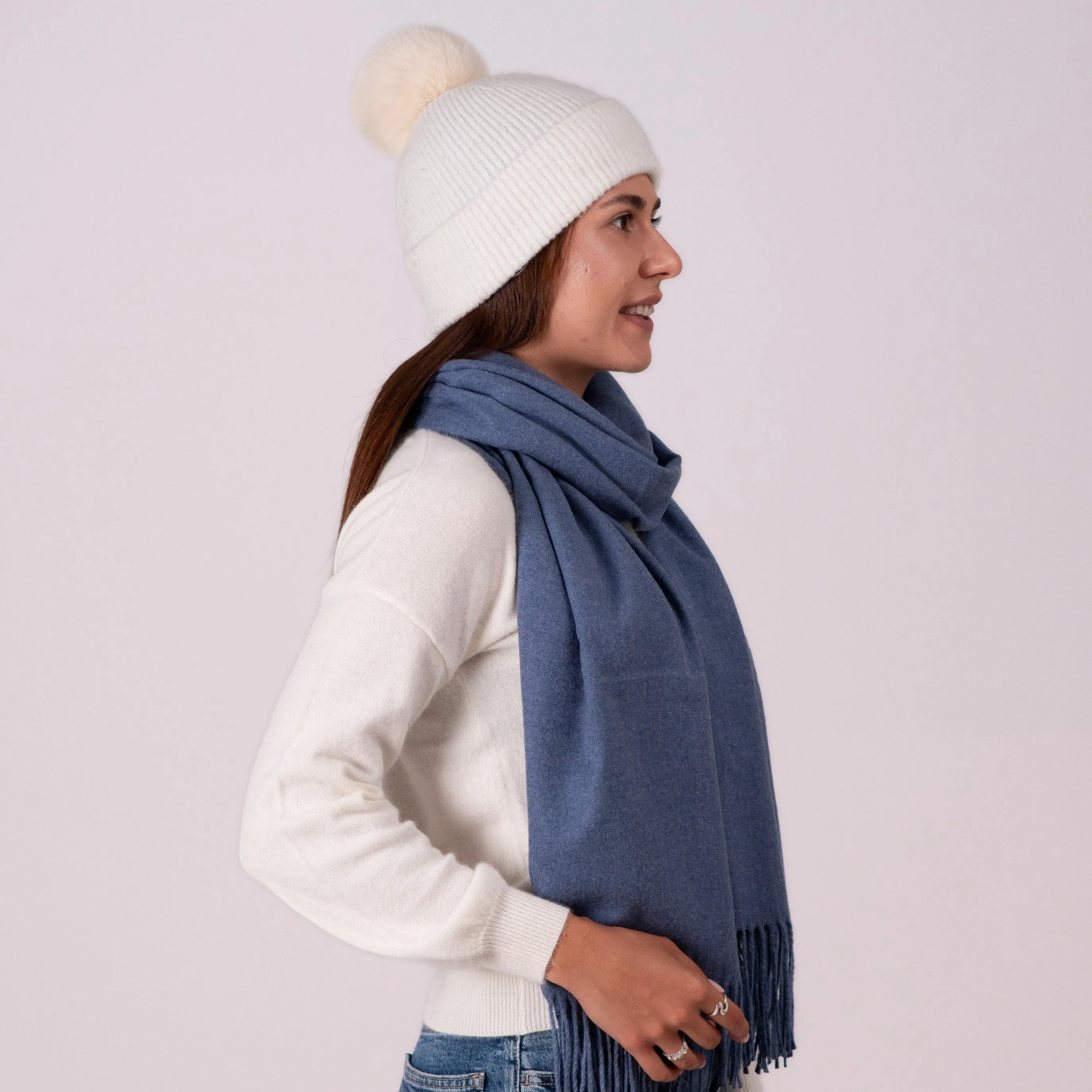 Bonnet cachemire blanc pompon