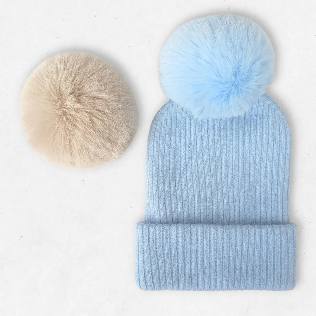 Bonnet cachemire bleu pompon | ultra chaud