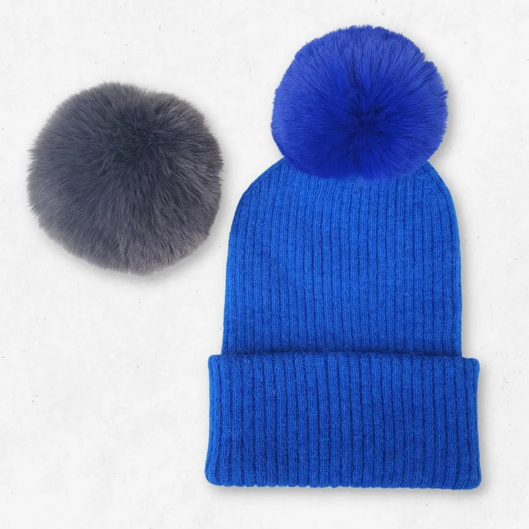 Bonnet cachemire bleu roi pompon | ultra chaud