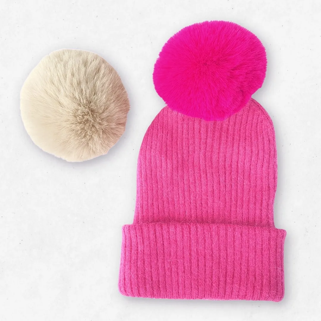 Bonnet cachemire fuchsia pompon | ultra chaud