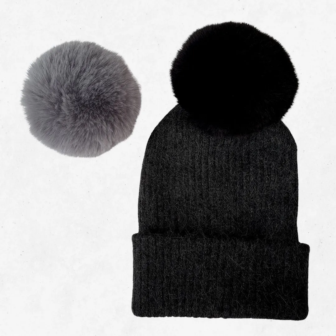 Bonnet cachemire noir pompon | ultra chaud