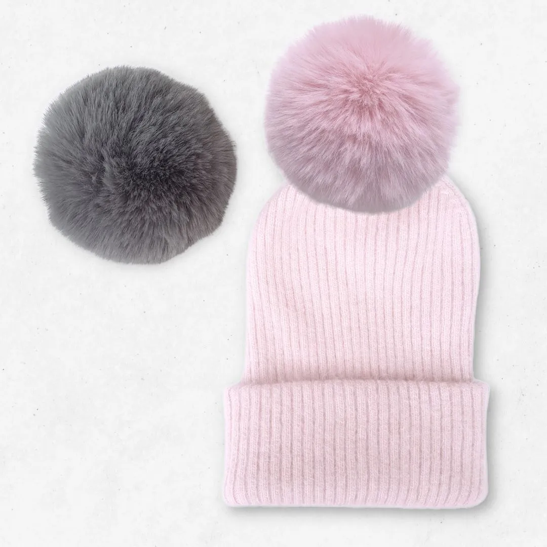 Bonnet cachemire rose poudré pompon | ultra chaud