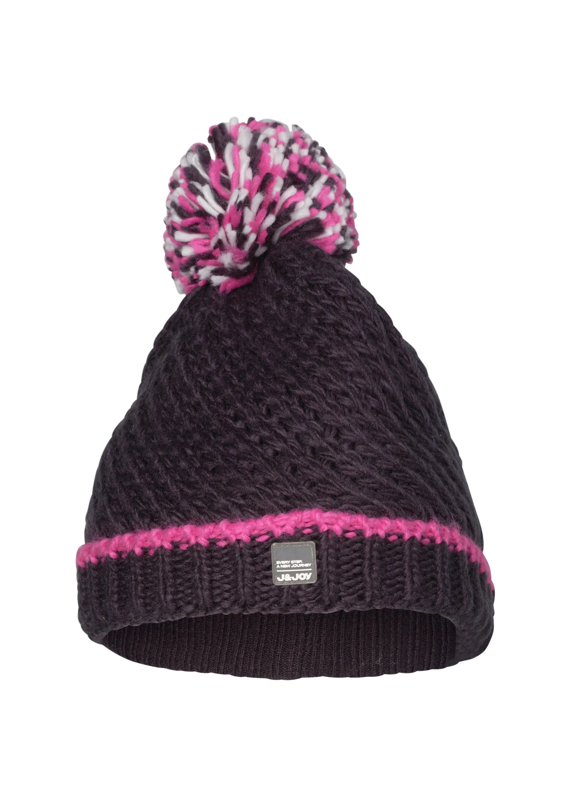 Bonnet femme bleu avec pompon rose