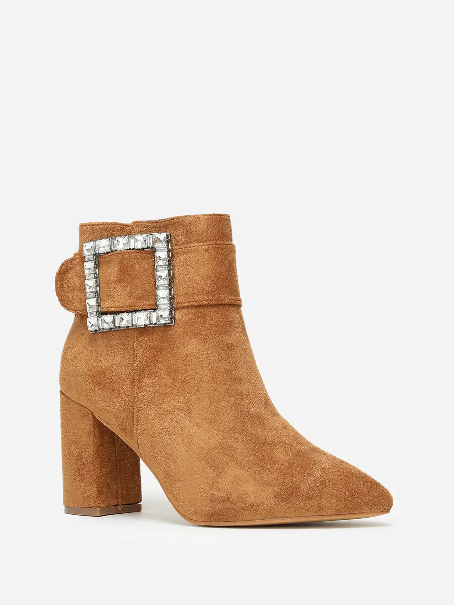 Bottines avec boucle ornée de strass- Camel