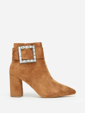 Bottines avec boucle ornée de strass- Camel