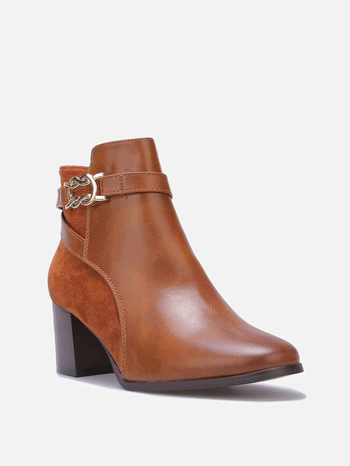 Bottines bi-matières à talon et boucle- Camel