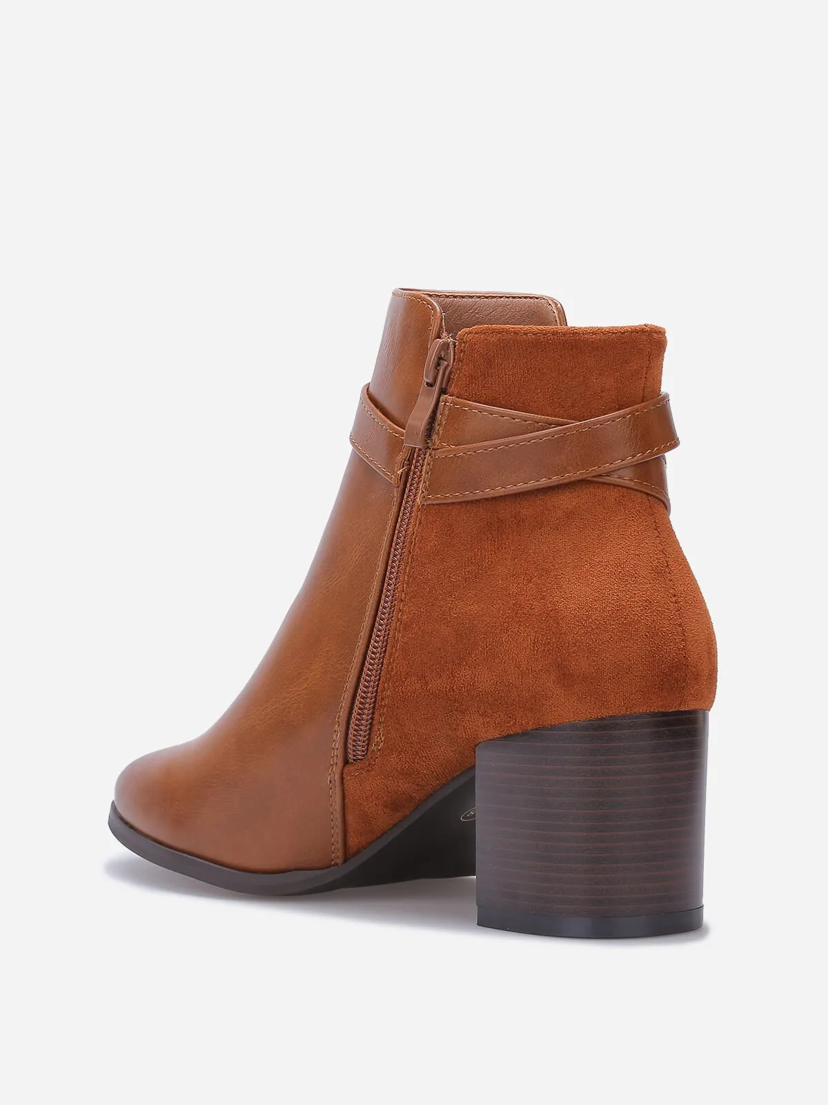 Bottines bi-matières à talon et boucle- Camel