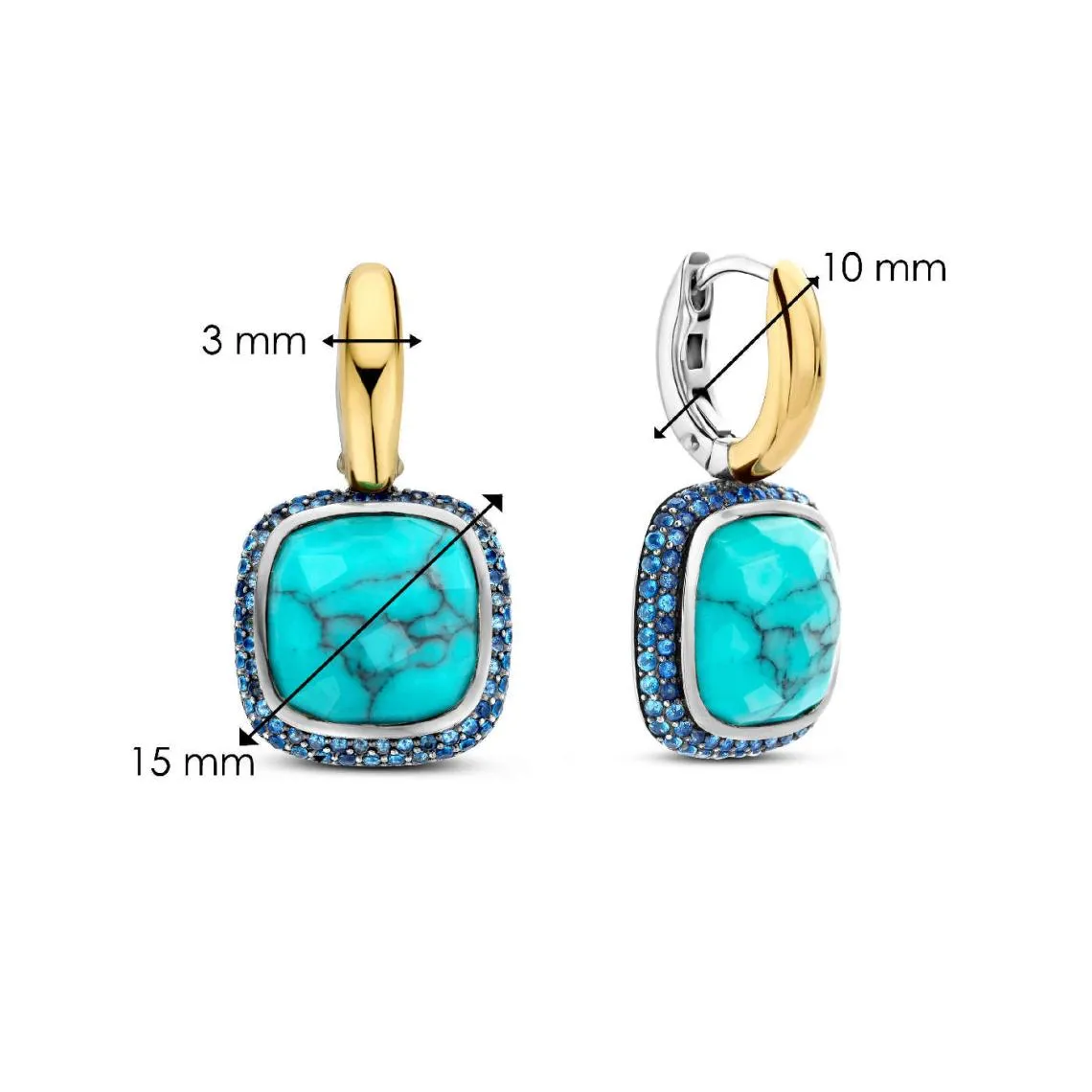 Boucles D\'Oreilles Ti Sento - 7968TQ  Argent Doré Pierre Veinée Turquoise Carré Et Oxydes De Zirconium Ble