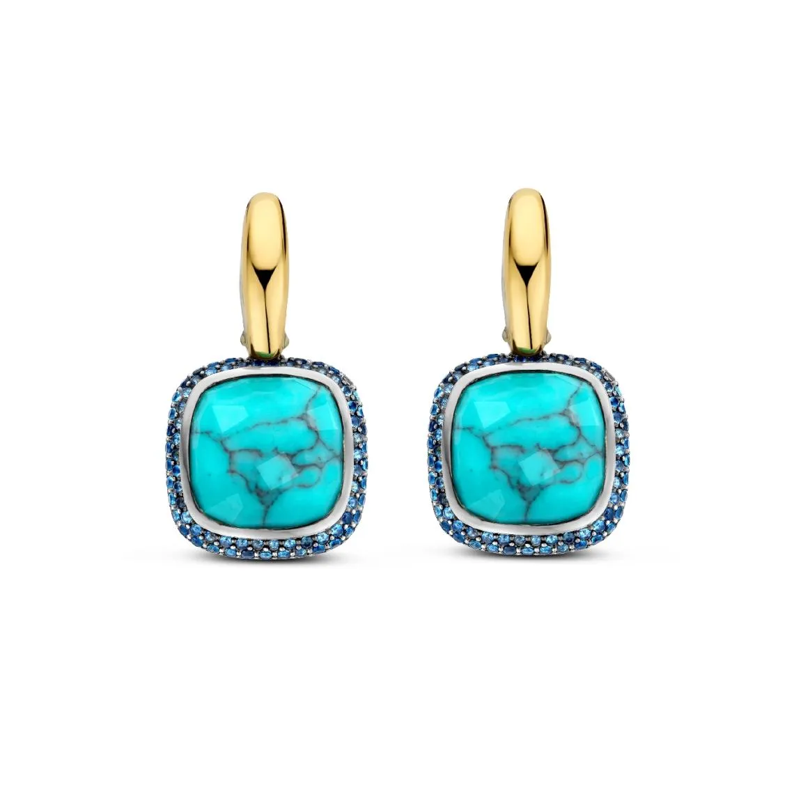 Boucles D\'Oreilles Ti Sento - 7968TQ  Argent Doré Pierre Veinée Turquoise Carré Et Oxydes De Zirconium Ble