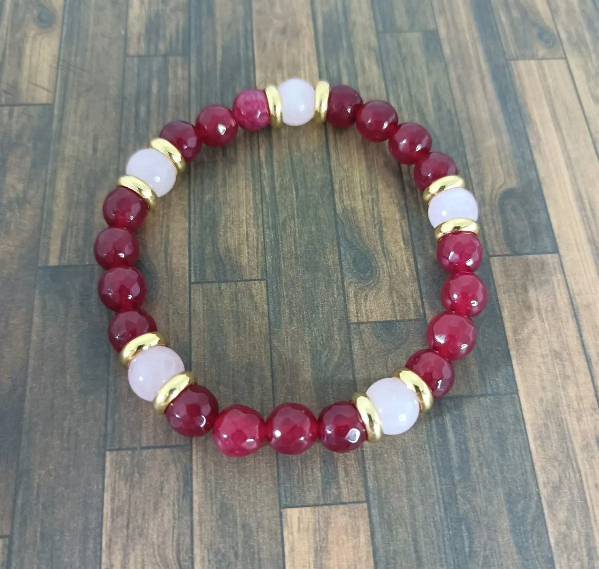 Bracelet agate rouge facetté/quartz rose/doré