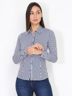 Chemise cintrée rayée- Bleu marine