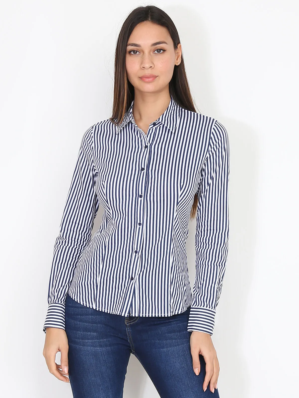 Chemise cintrée rayée- Bleu marine