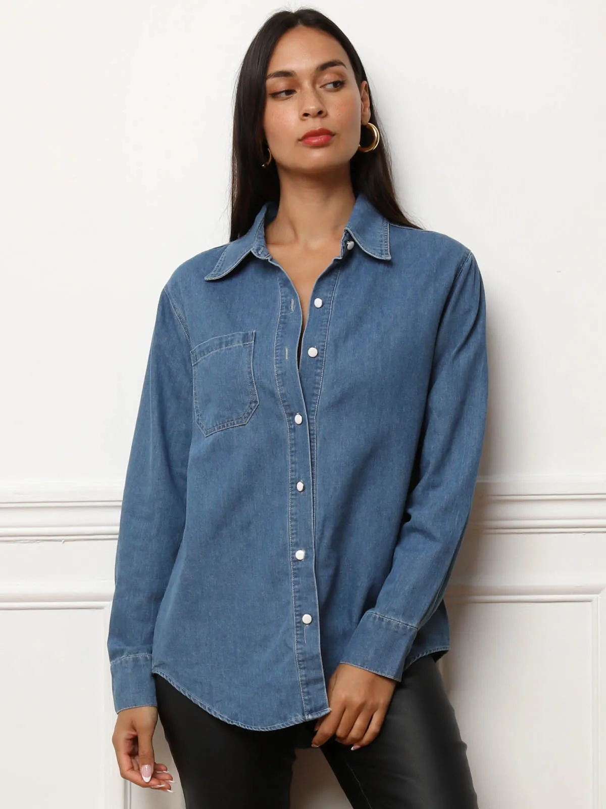 Chemise en denim à boutons vernis- Bleu foncé