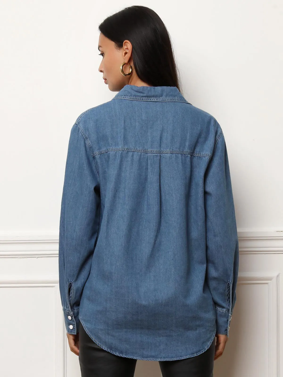 Chemise en denim à boutons vernis- Bleu foncé