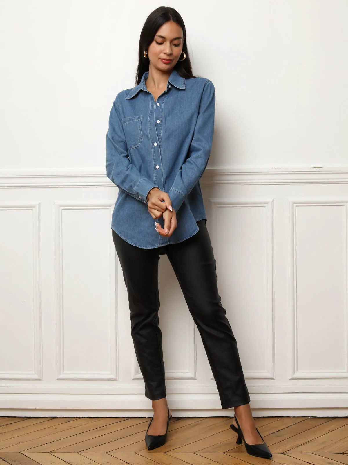 Chemise en denim à boutons vernis- Bleu foncé