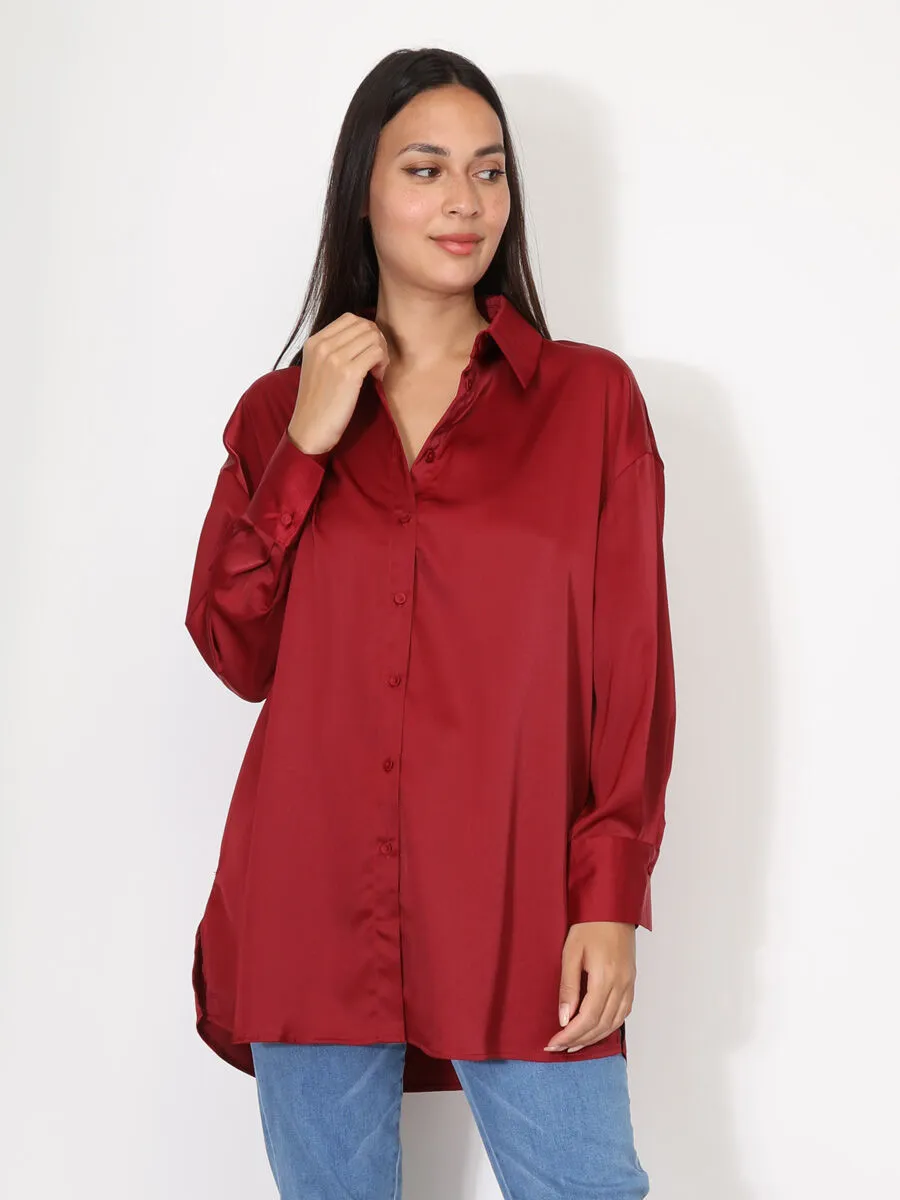 Chemise satinée oversize à fentes- Bordeaux