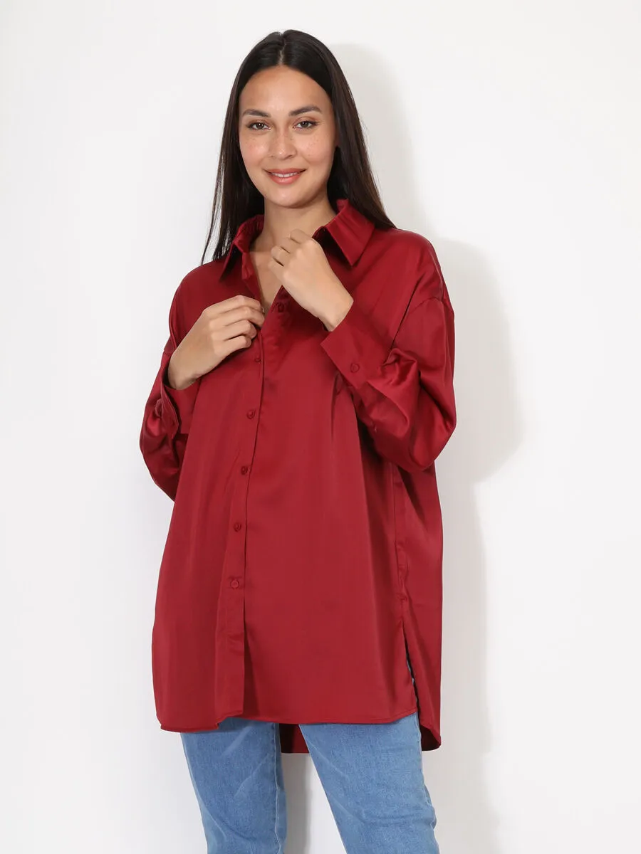 Chemise satinée oversize à fentes- Bordeaux