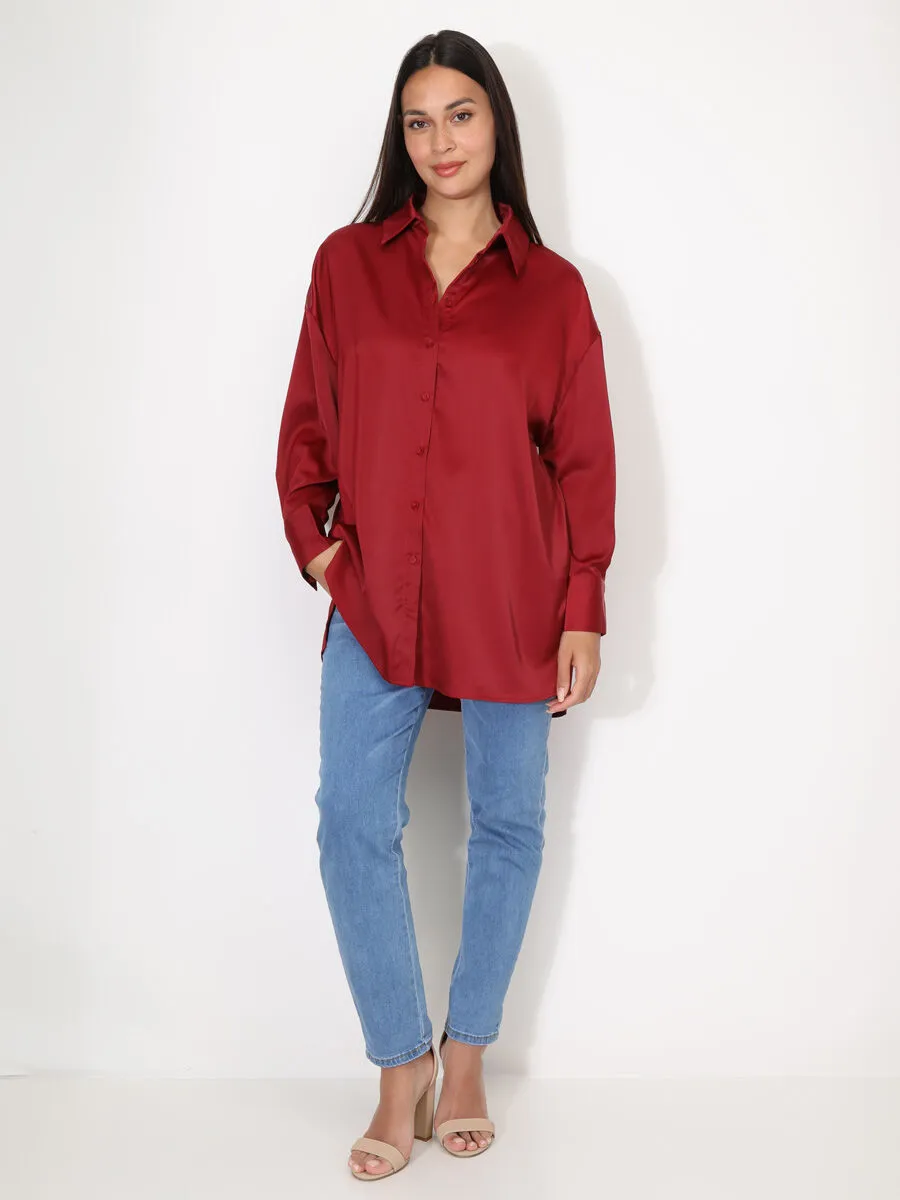 Chemise satinée oversize à fentes- Bordeaux