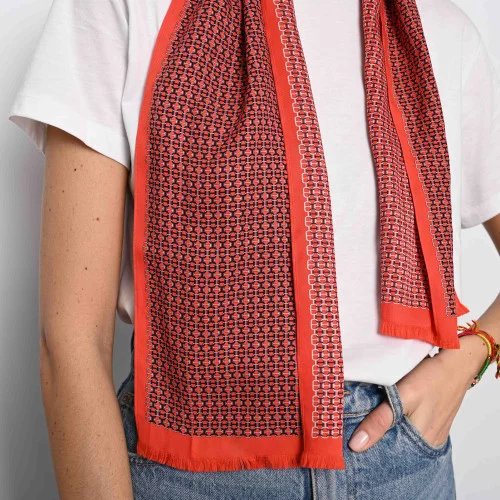 Châle 140 Hermès à Franges Imprimé Carreaux Soie Rouge