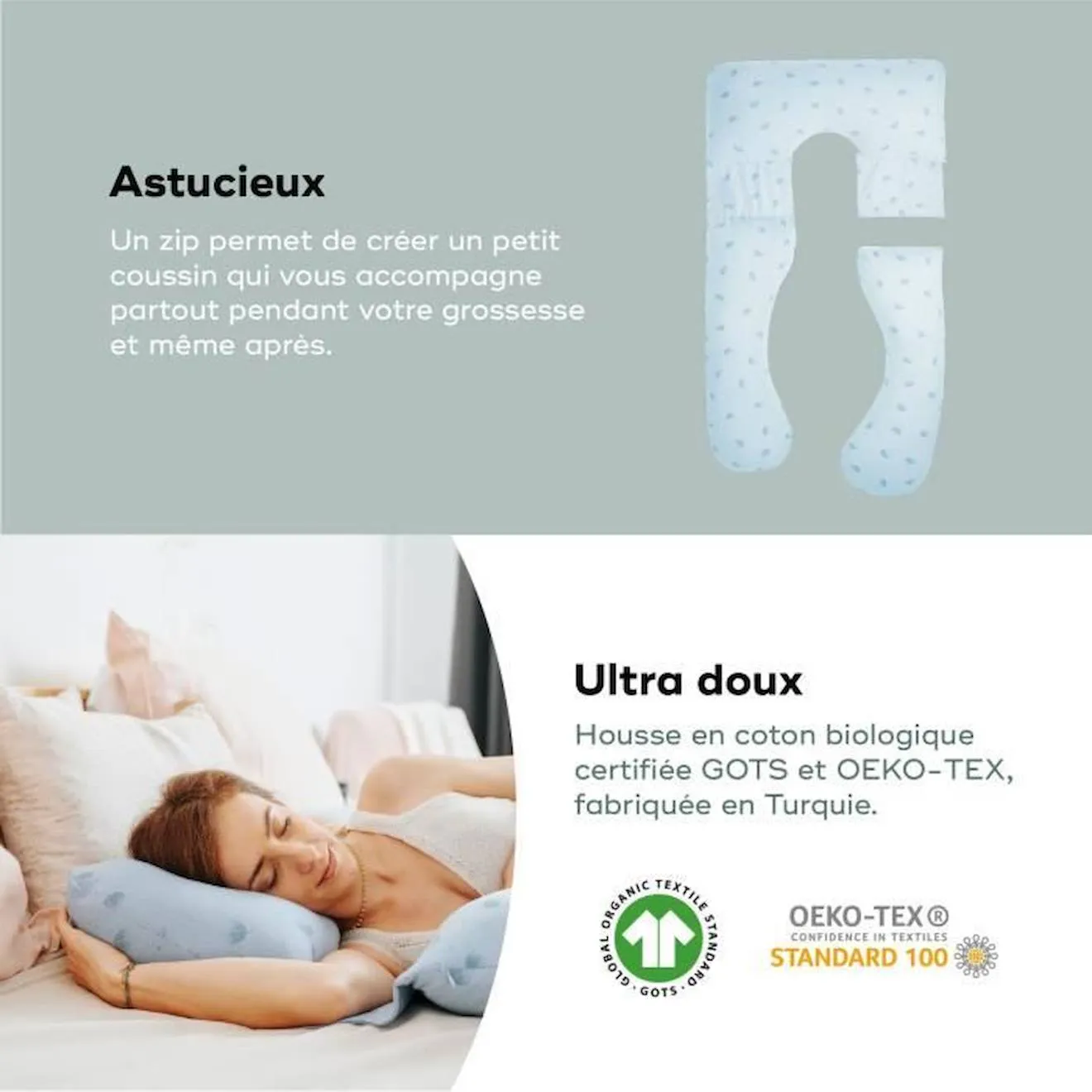 Coussin de grossesse et d'allaitement BABYMOOV en Coton Bio B.LOVE XXL Bleu - Certifié Oeko-Tex bleu - Babymoov