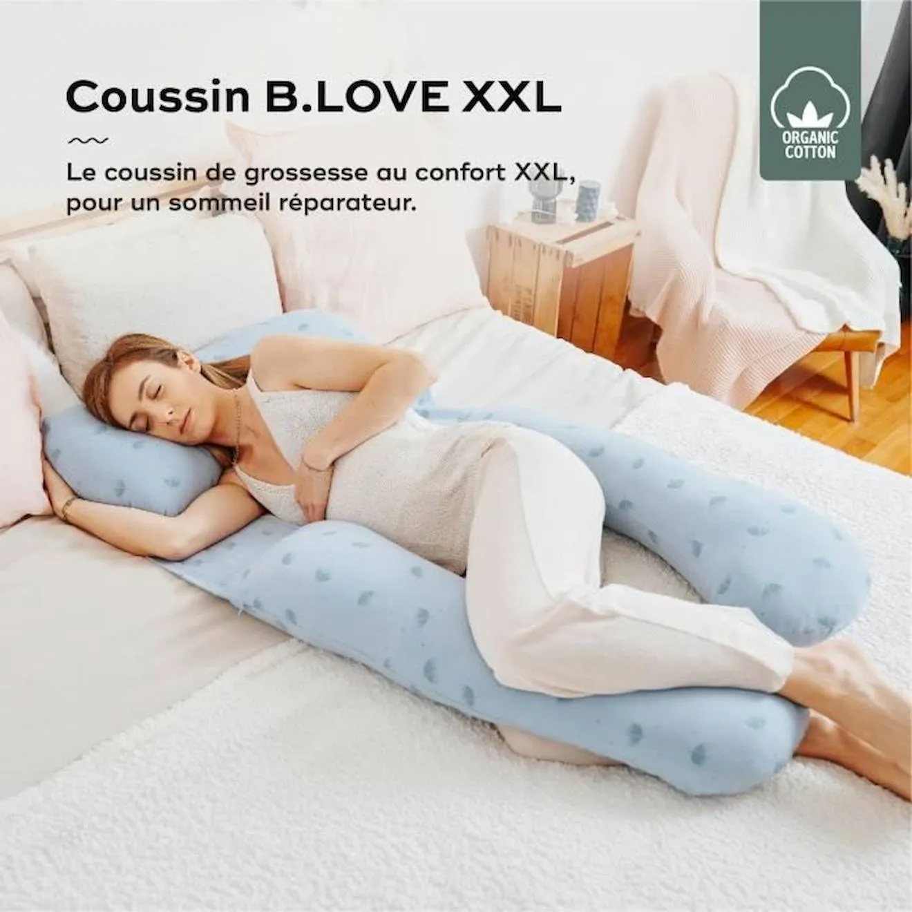 Coussin de grossesse et d'allaitement BABYMOOV en Coton Bio B.LOVE XXL Bleu - Certifié Oeko-Tex bleu - Babymoov