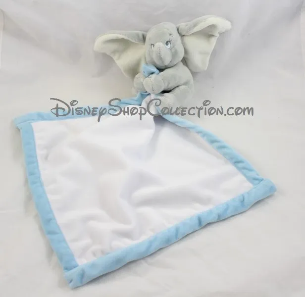 Doudou éléphant Dumbo DISNEY STORE bébé gris mouchoir blanc et bleu