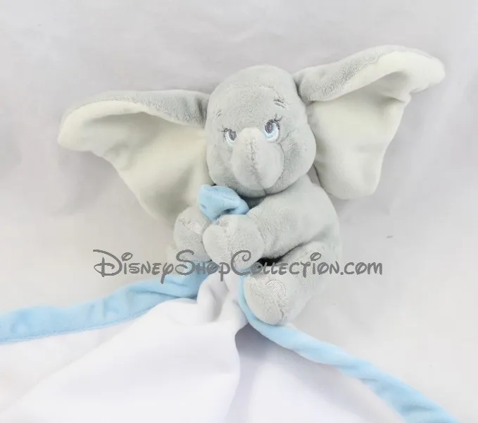 Doudou éléphant Dumbo DISNEY STORE bébé gris mouchoir blanc et bleu