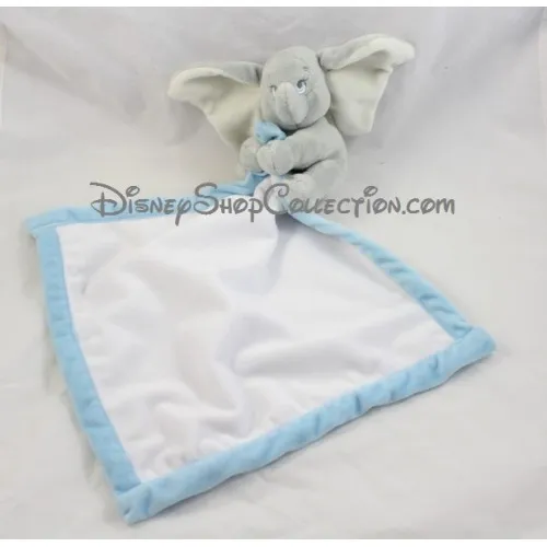 Doudou éléphant Dumbo DISNEY STORE bébé gris mouchoir blanc et bleu