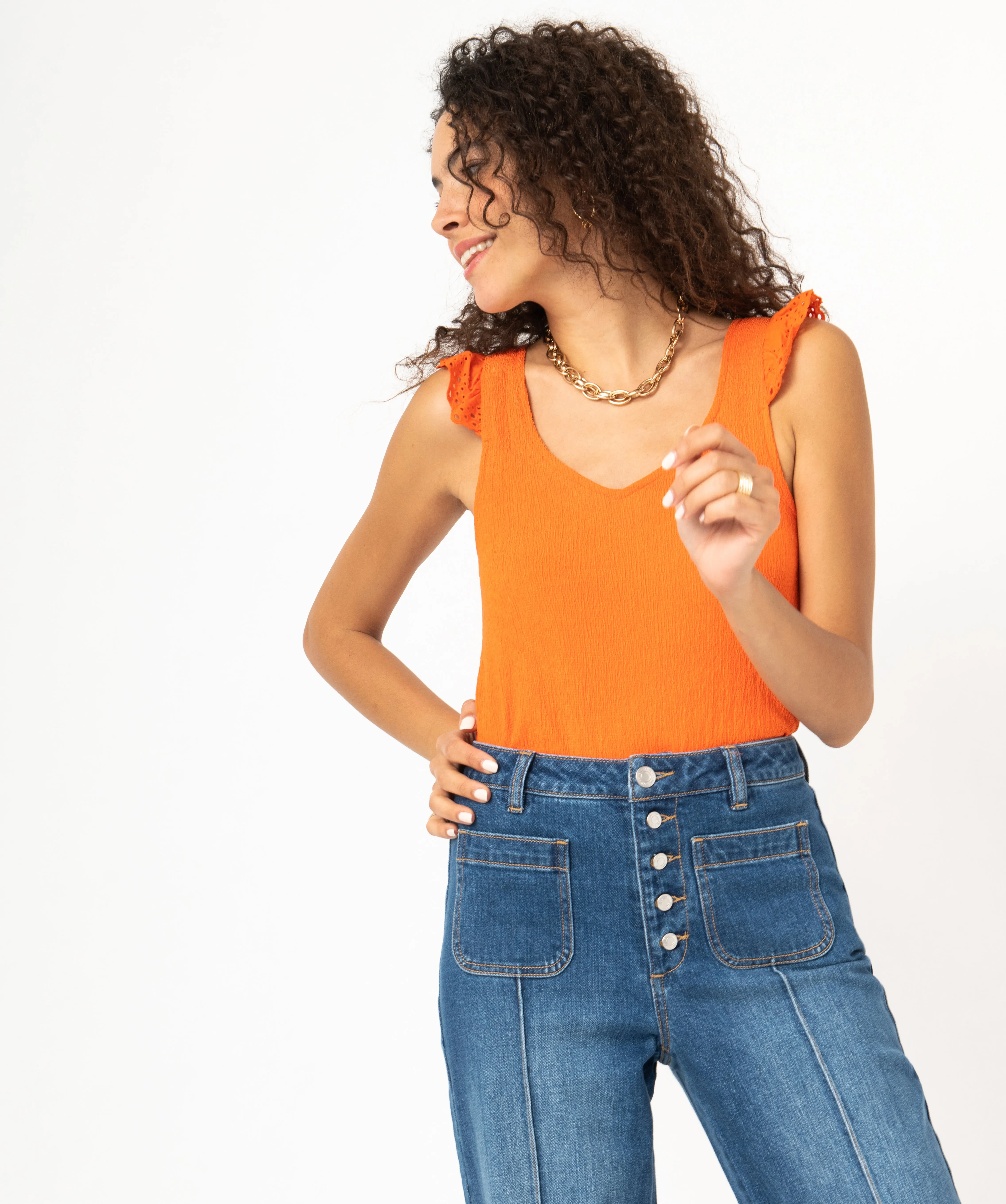 Débardeur à col V et volants en broderie anglaise femme orange