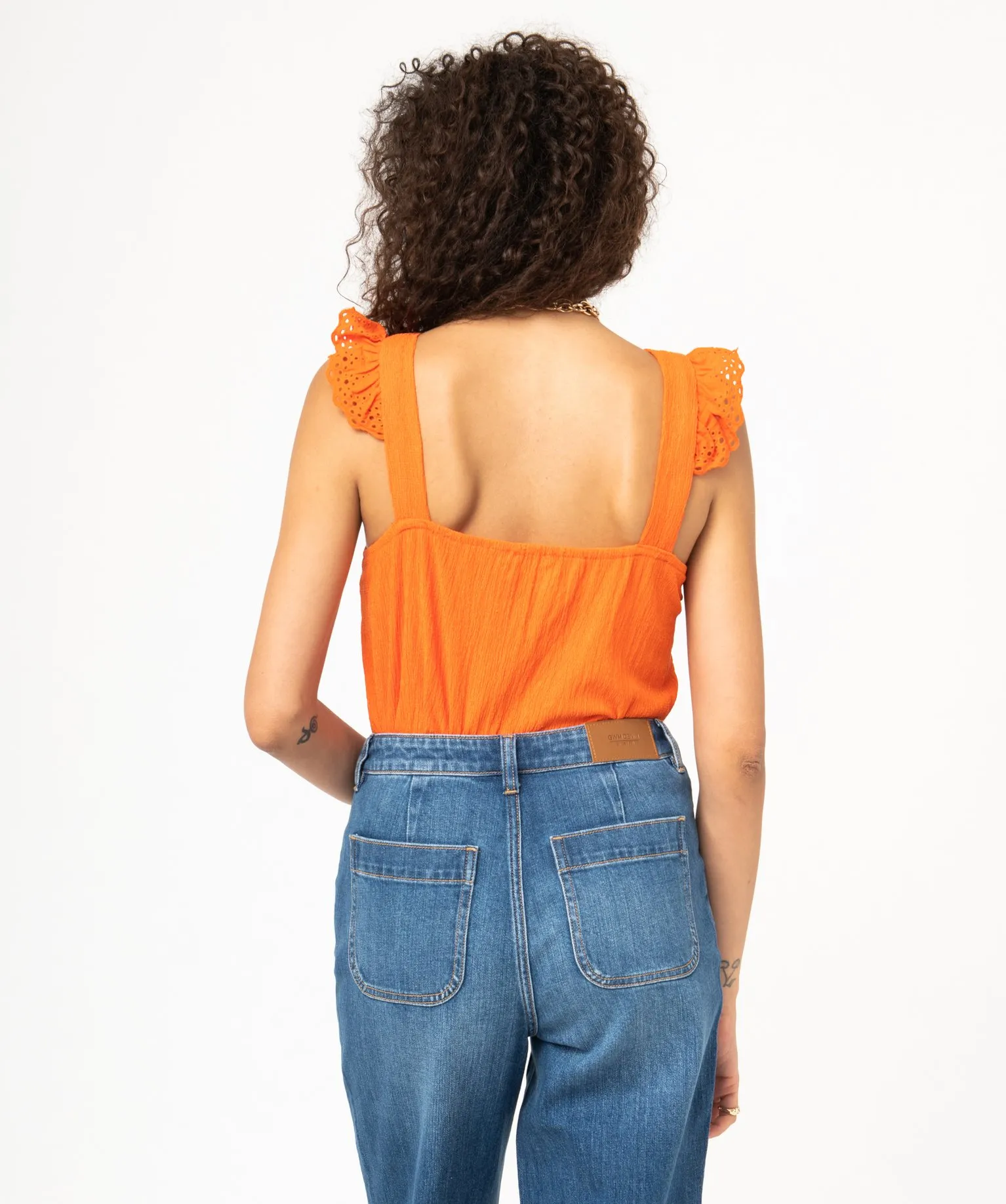 Débardeur à col V et volants en broderie anglaise femme orange