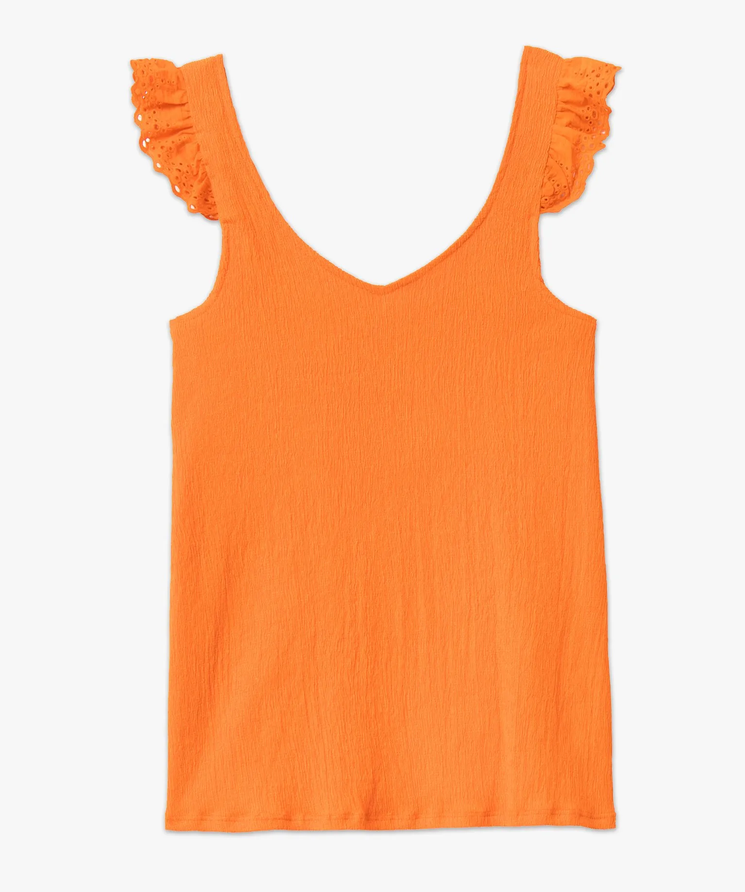 Débardeur à col V et volants en broderie anglaise femme orange