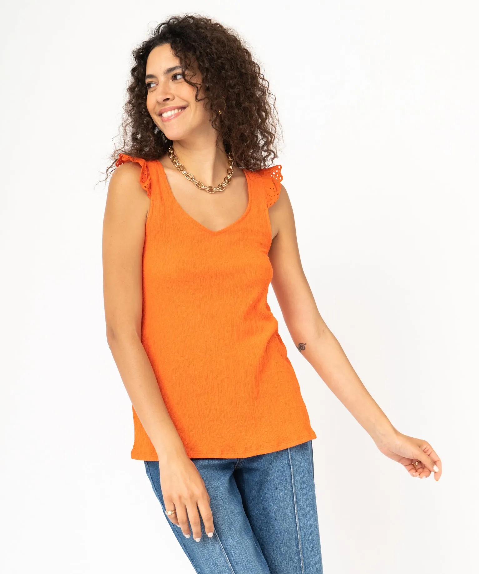 Débardeur à col V et volants en broderie anglaise femme orange