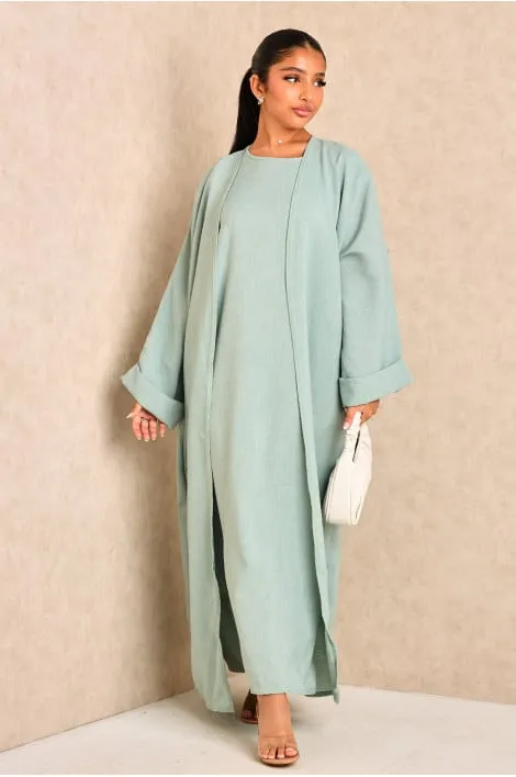 Ensemble 2 pièces abaya + kimono chiné vert ( turquoise )