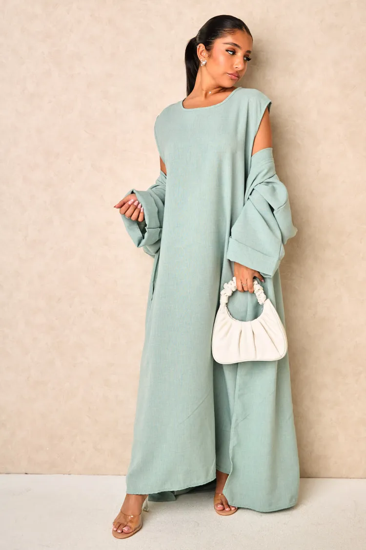 Ensemble 2 pièces abaya + kimono chiné vert ( turquoise )