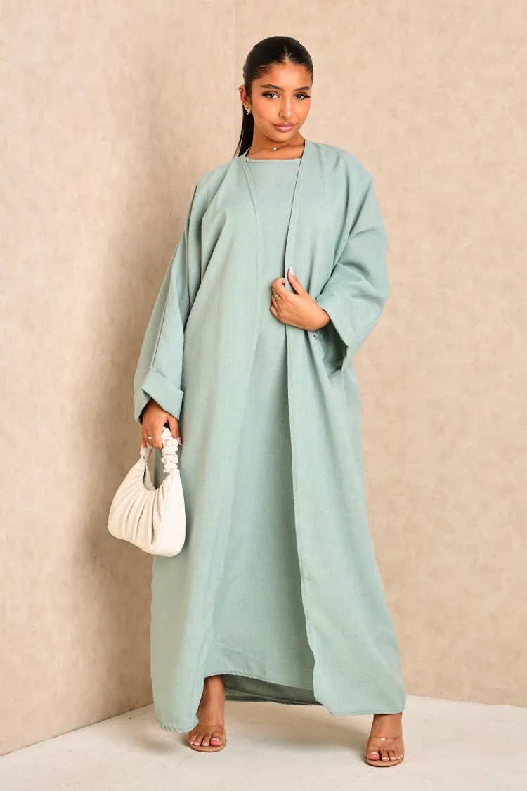 Ensemble 2 pièces abaya + kimono chiné vert ( turquoise )