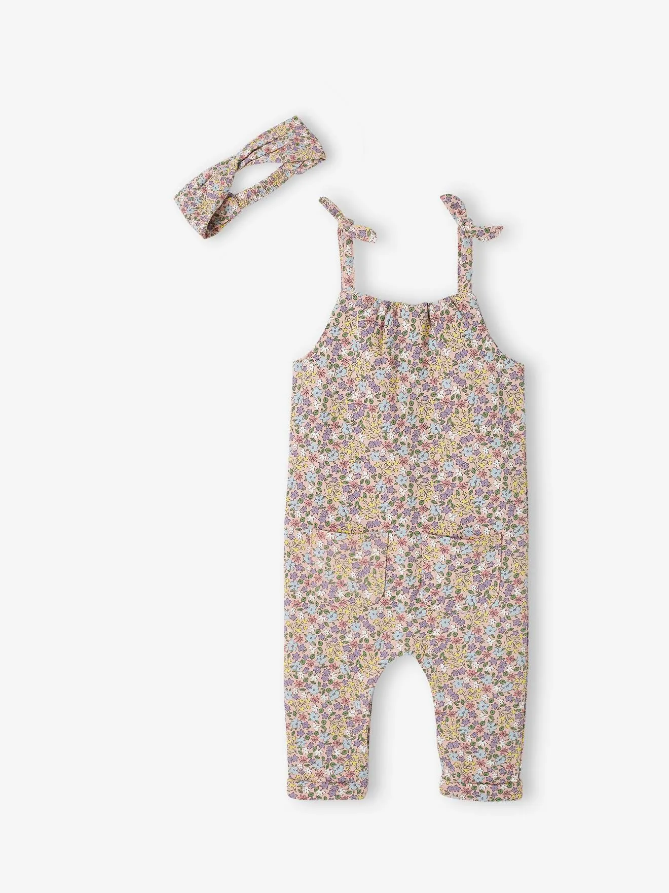 Ensemble combinaison et bandeau bébé fille en molleton blanc imprimé - Vertbaudet