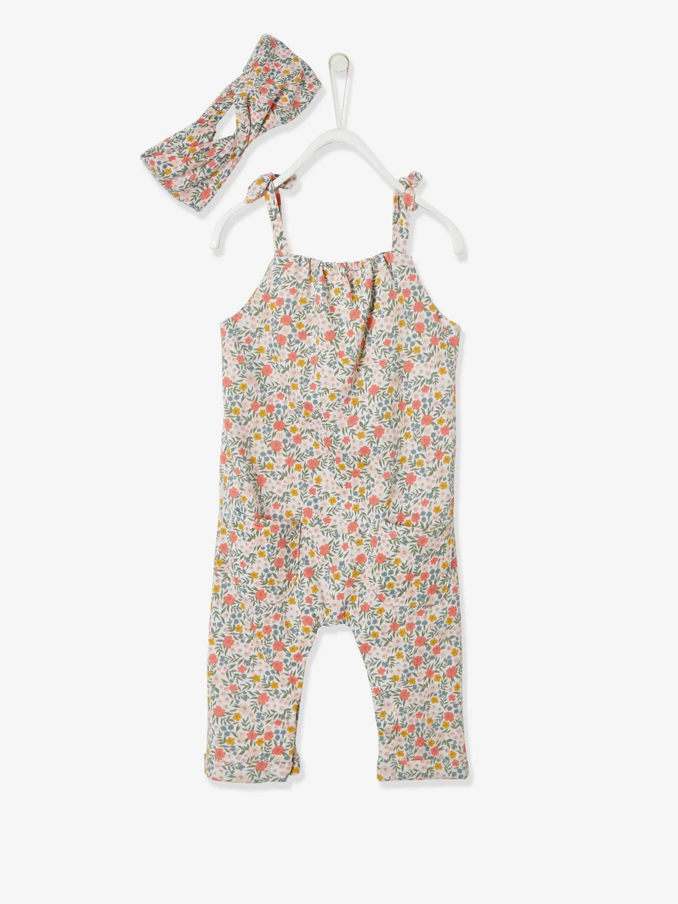 Ensemble combinaison et bandeau bébé fille en molleton blanc imprimé - Vertbaudet