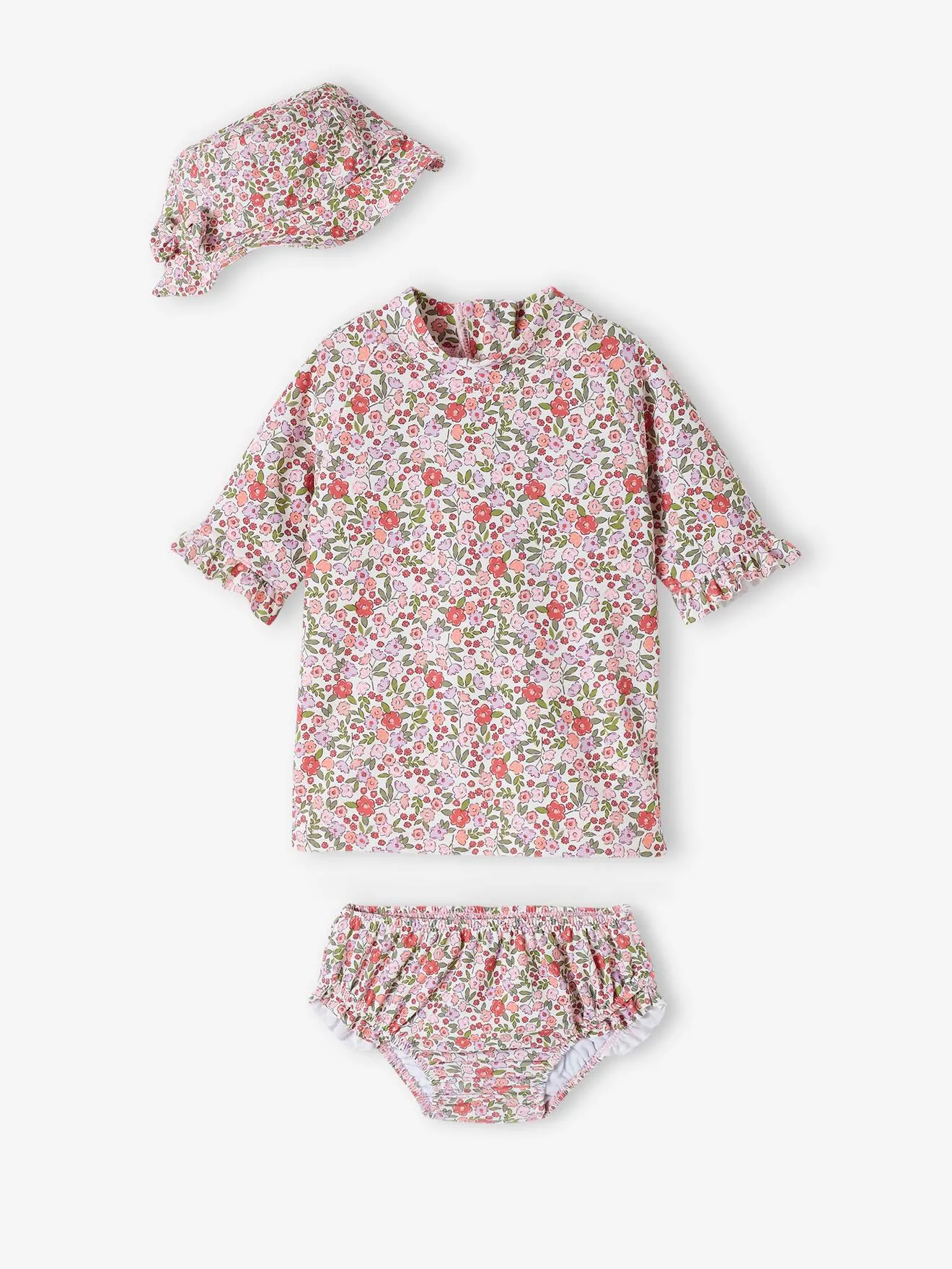 Ensemble de bain T-shirt anti UV + culotte + bob bébé fille rose - Vertbaudet