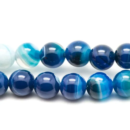 Fil 39cm 36pc environ - perles pierre agate boules 10mm bleu blanc turquoise marine